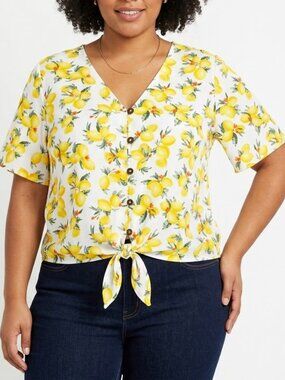 Pink Rose Lemon Print Button Up Tie Front Blouse/Top NEW- Sz. XL